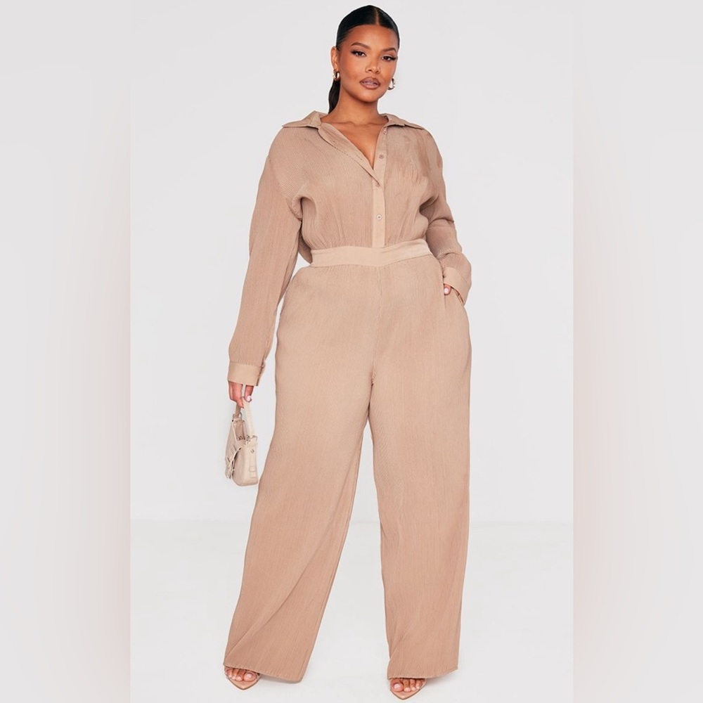 Plus Stone Plisse Shirt Jumpsuit